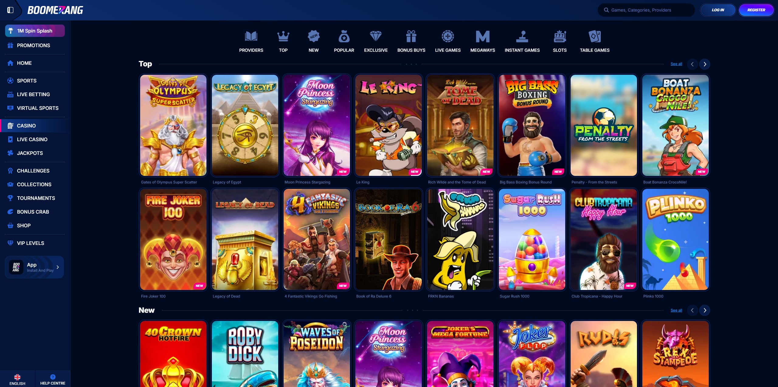 Boomerang Casino Lobby mit Spielautomaten von Top-Anbietern