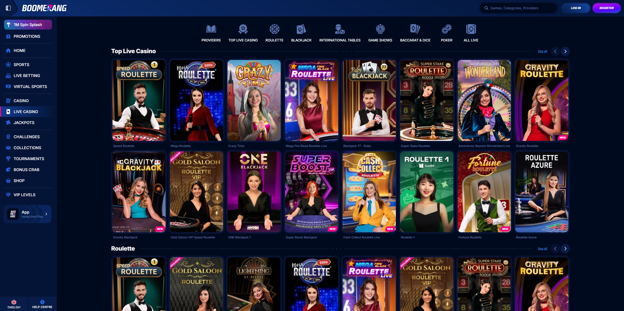Screenshot der Boomerang Casino Spiele-Lobby