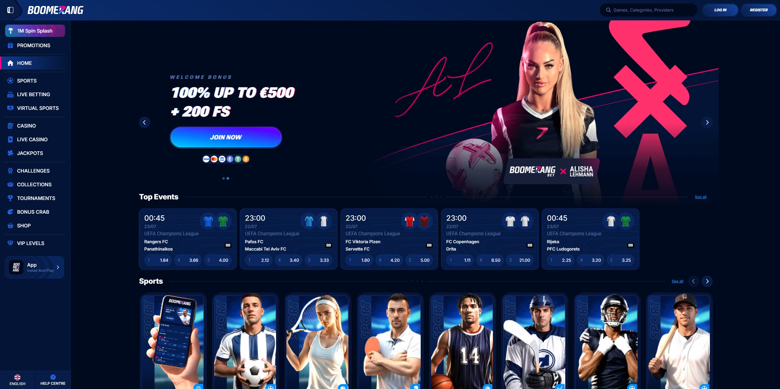 Startseite von Boomerang Bet mit Registrierungs-Option